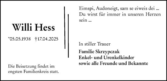 Traueranzeige von Willi Hess von Wiesbadener Kurier