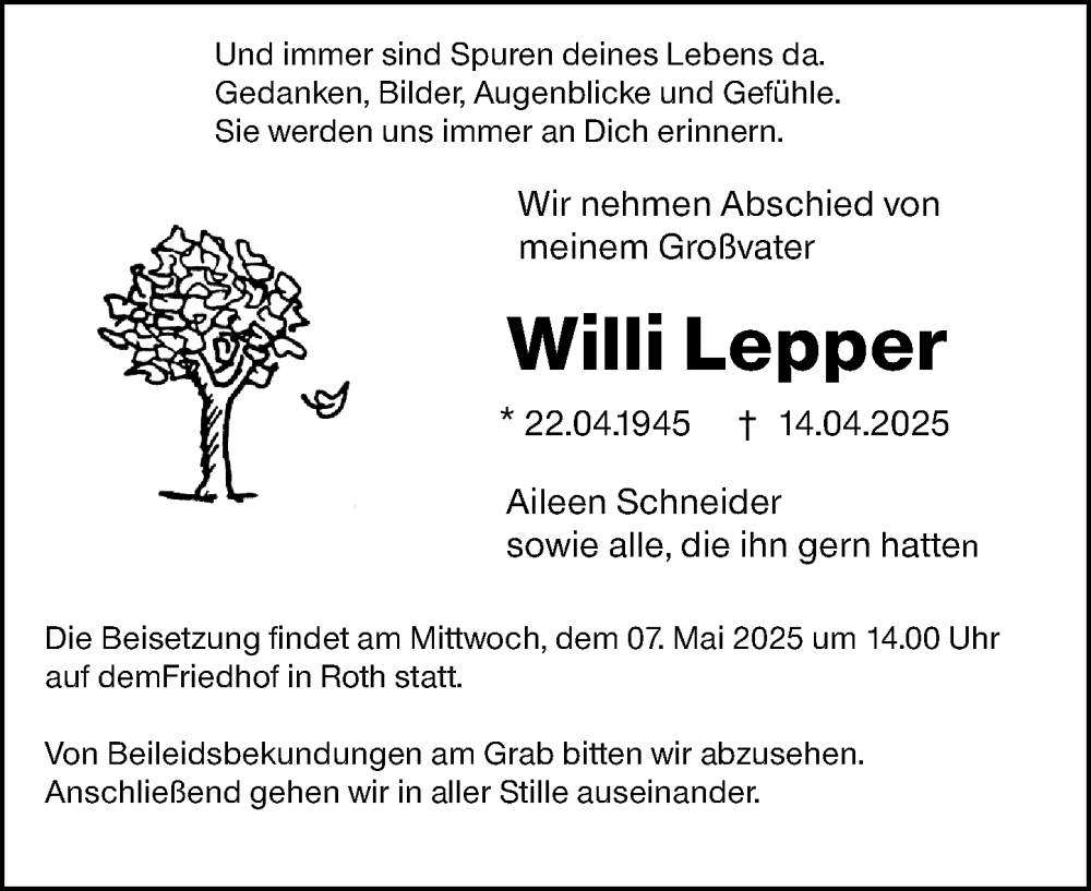  Traueranzeige für Willi Lepper vom 03.05.2025 aus Dill Block