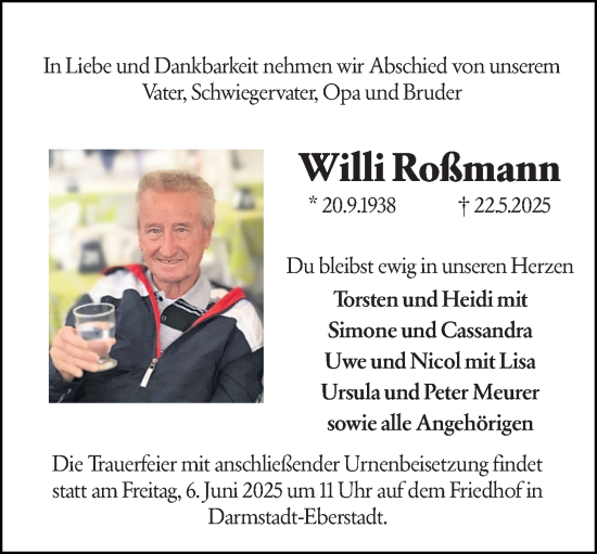 Traueranzeige von Willi Roßmann von Darmstädter Echo