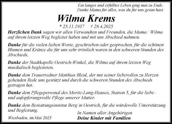 Traueranzeige von Wilma Krems von Wiesbadener Kurier