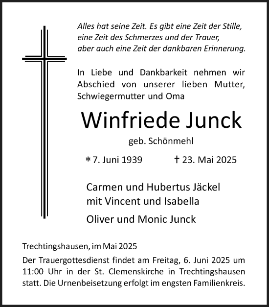Traueranzeige von Winfriede Junck von Allgemeine Zeitung Rheinhessen-Nahe