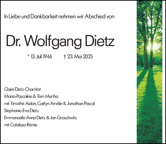 Traueranzeige von Wolfgang Dietz von Allgemeine Zeitung Mainz