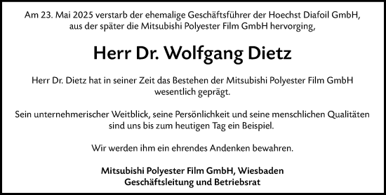 Traueranzeige von Wolfgang Dietz von Wiesbadener Kurier