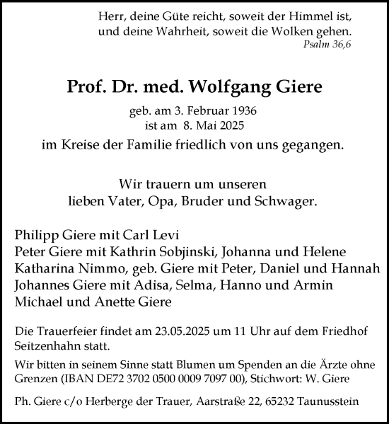 Traueranzeige von Wolfgang Giere von Wiesbadener Kurier