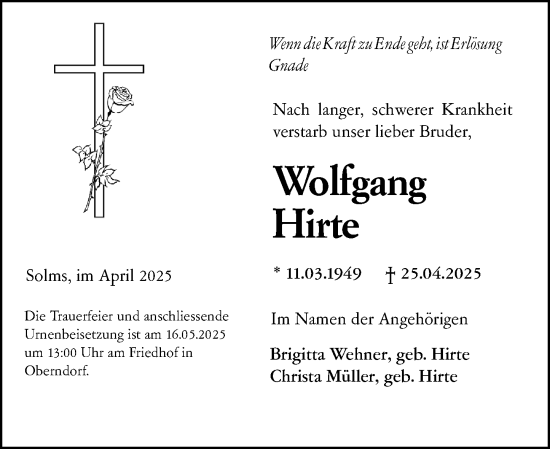 Traueranzeige von Wolfgang Hirte von Wetzlarer Neue Zeitung