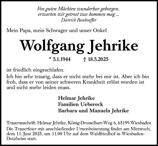 Traueranzeige von Wolfgang Jehrike von Wiesbadener Kurier