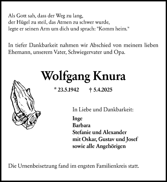 Traueranzeige von Wolfgang Knura von Allgemeine Zeitung Alzey