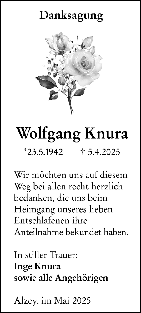 Traueranzeige von Wolfgang Knura von Allgemeine Zeitung Alzey