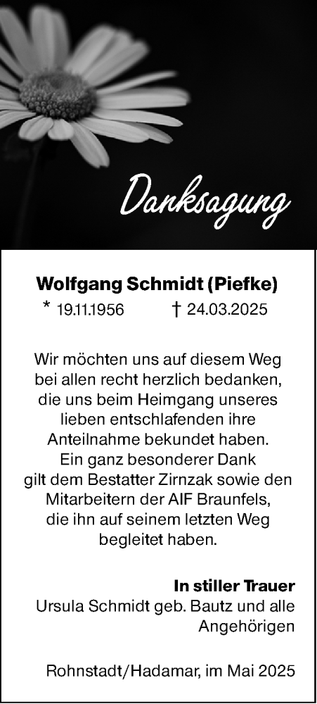  Traueranzeige für Wolfgang Schmidt vom 07.05.2025 aus Weilburger Tageblatt