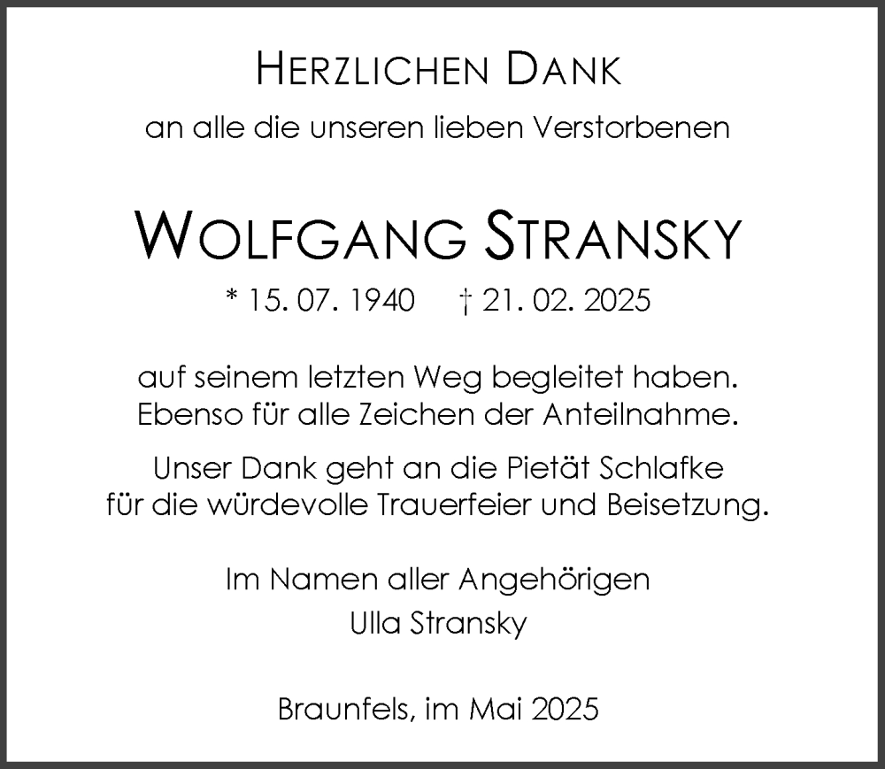  Traueranzeige für Wolfgang Stransky vom 03.05.2025 aus Wetzlarer Neue Zeitung