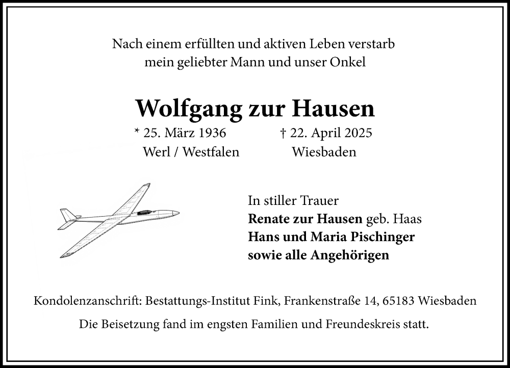  Traueranzeige für Wolfgang zur Hausen vom 17.05.2025 aus Wiesbadener Kurier