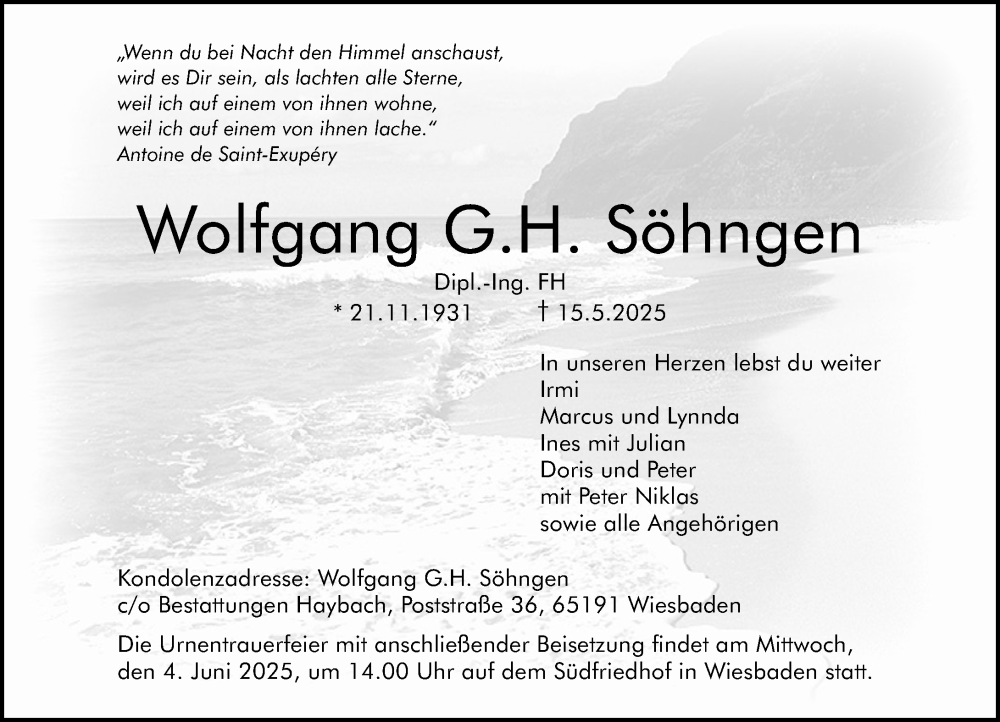  Traueranzeige für Wolfgang G.H. Söhngen vom 24.05.2025 aus Wiesbadener Kurier