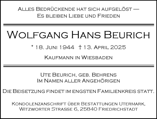 Traueranzeige von Wolfgang Hans Beurich von Wiesbadener Kurier