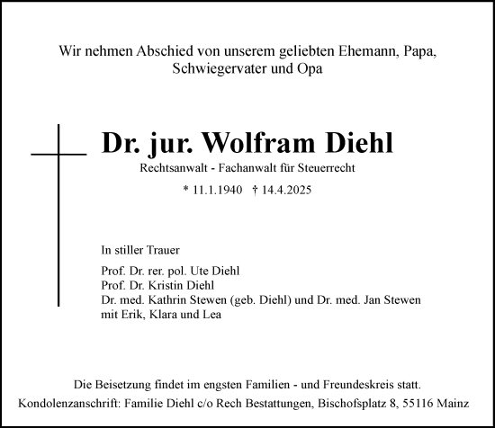 Traueranzeige von Wolfram Diehl von Allgemeine Zeitung Mainz