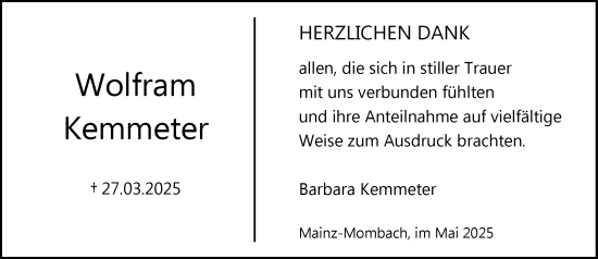 Traueranzeige von Wolfram Kemmeter von Allgemeine Zeitung Mainz