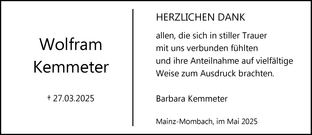  Traueranzeige für Wolfram Kemmeter vom 10.05.2025 aus Allgemeine Zeitung Mainz