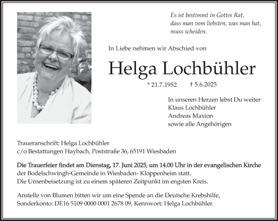 Traueranzeige von Helga Lochbühler von Wiesbadener Kurier