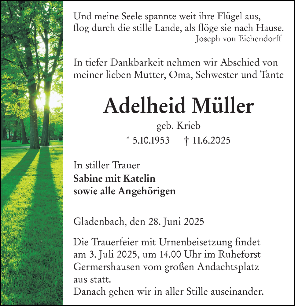  Traueranzeige für Adelheid Müller vom 28.06.2025 aus Hinterländer Anzeiger