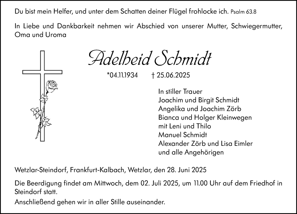  Traueranzeige für Adelheid Schmidt vom 28.06.2025 aus Wetzlarer Neue Zeitung