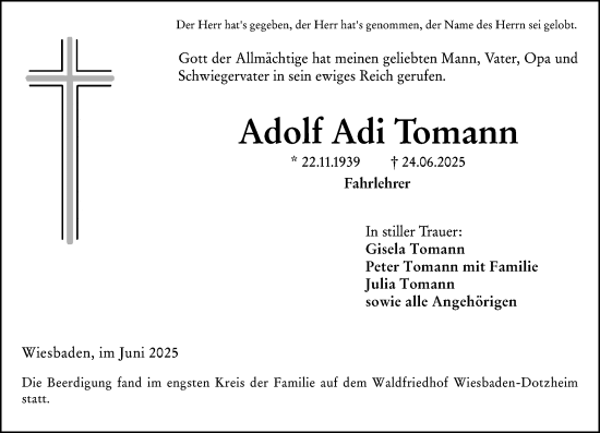 Traueranzeige von Adolf Tomann von Wiesbadener Kurier