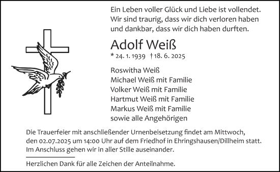 Traueranzeige von Adolf Weiß von Wetzlarer Neue Zeitung