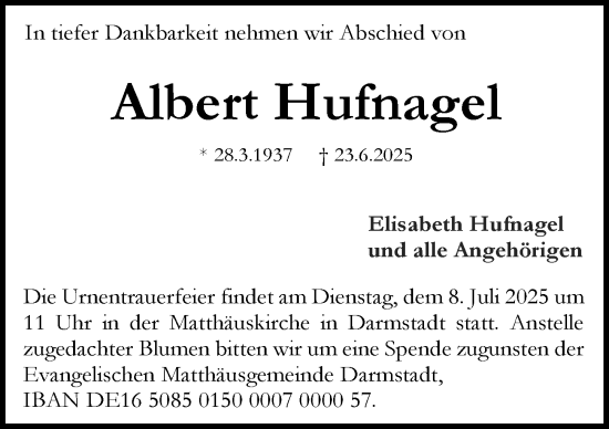 Traueranzeige von Albert Hufnagel von Darmstädter Echo
