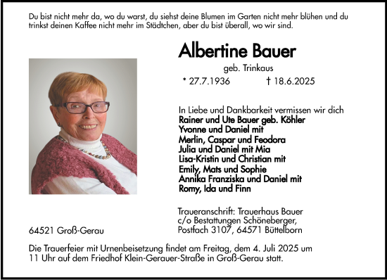 Traueranzeige von Albertine Bauer von Groß-Gerauer Echo