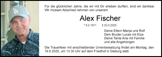 Traueranzeige von Alex Fischer von Dieburger Anzeiger/Groß-Zimmerner Lokal-Anzeiger