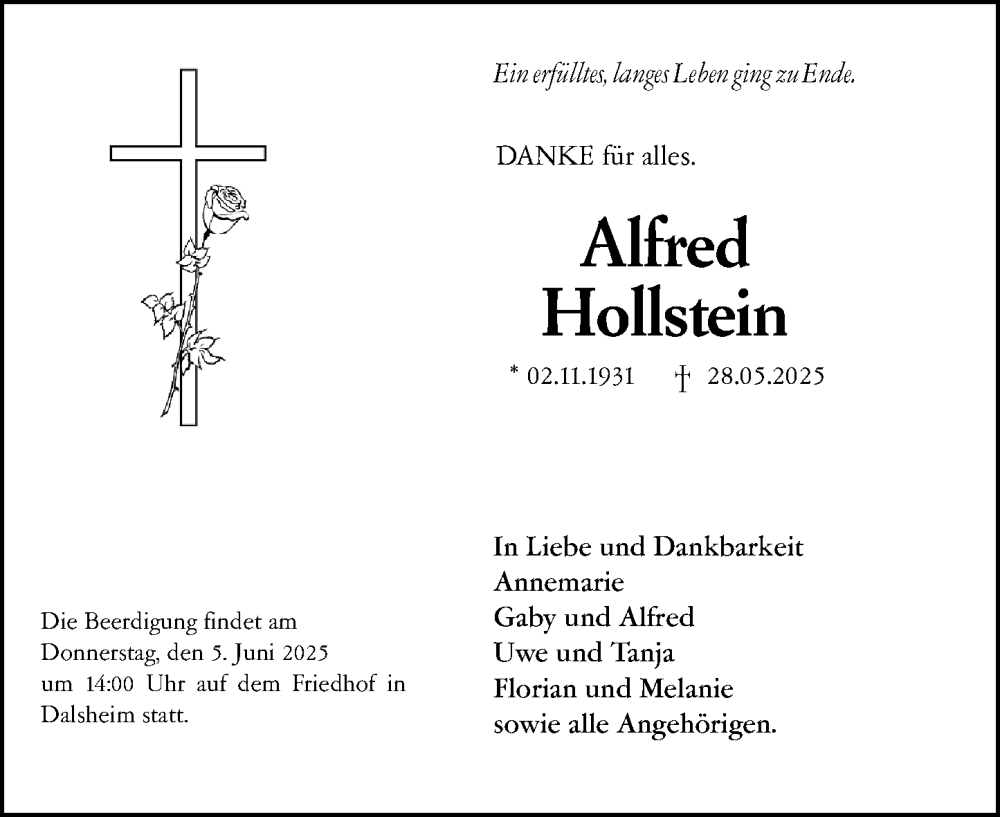  Traueranzeige für Alfred Hollstein vom 03.06.2025 aus Wormser Zeitung