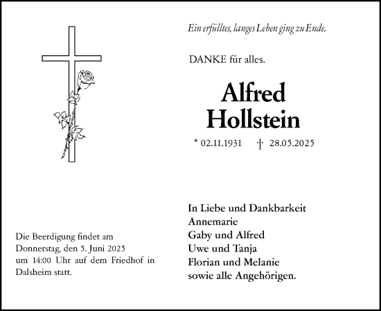 Traueranzeige von Alfred Hollstein von Wormser Zeitung