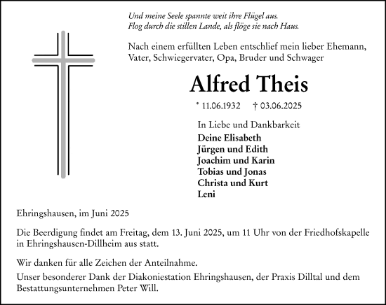 Traueranzeige von Alfred Theis von Wetzlarer Neue Zeitung