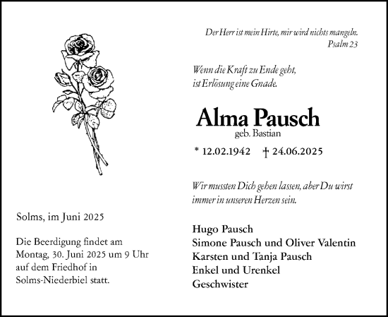 Traueranzeige von Alma Pausch von Wetzlarer Neue Zeitung