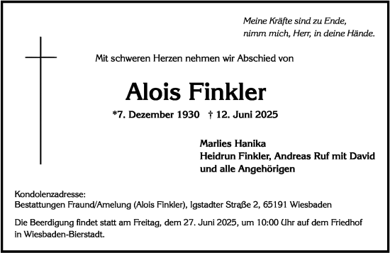 Traueranzeige von Alois Finkler von Wiesbadener Kurier