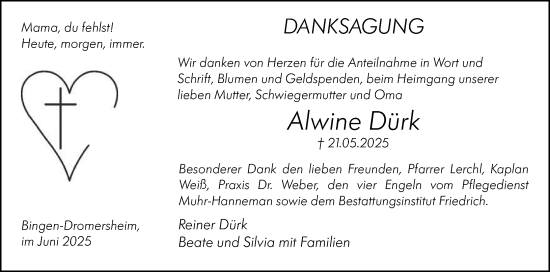 Traueranzeige von Alwine Dürk von Binger-/Ingelheimer Wochenblatt