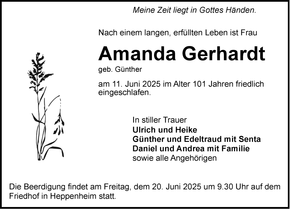  Traueranzeige für Amanda Gerhardt vom 14.06.2025 aus Wormser Zeitung