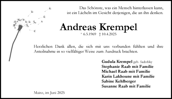 Traueranzeige von Andreas Krempel von Allgemeine Zeitung Mainz