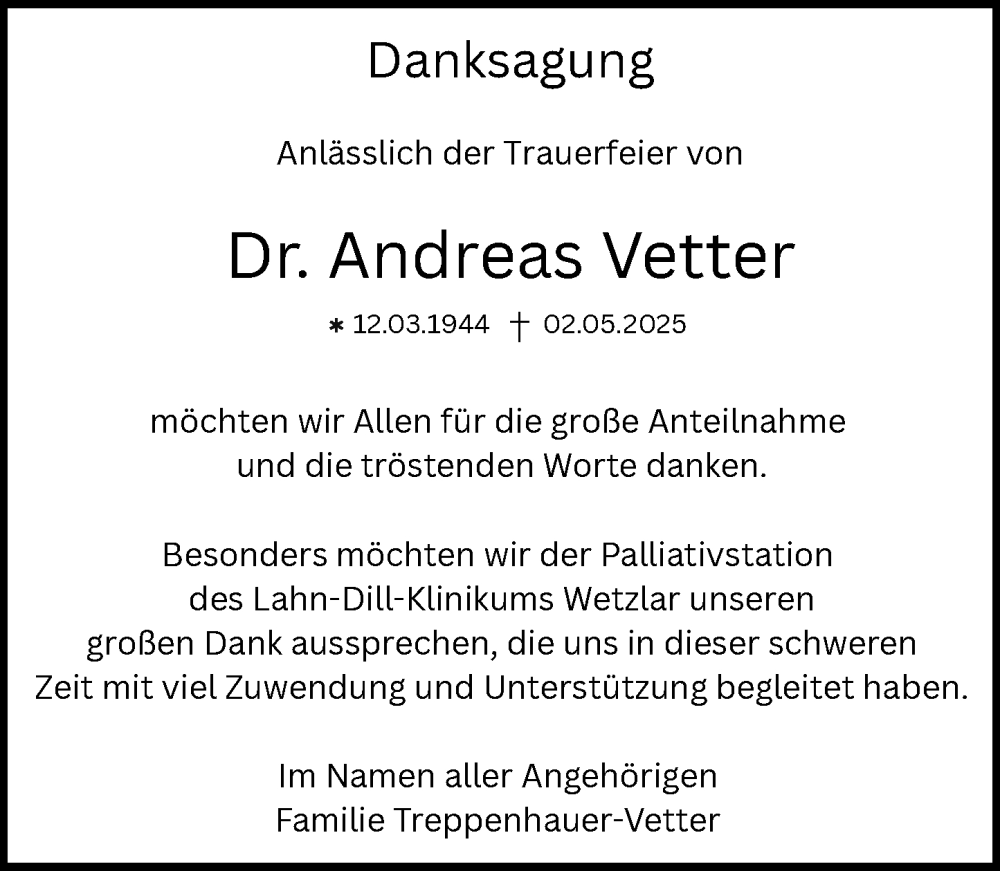  Traueranzeige für Andreas Vetter vom 27.06.2025 aus Wetzlarer Neue Zeitung