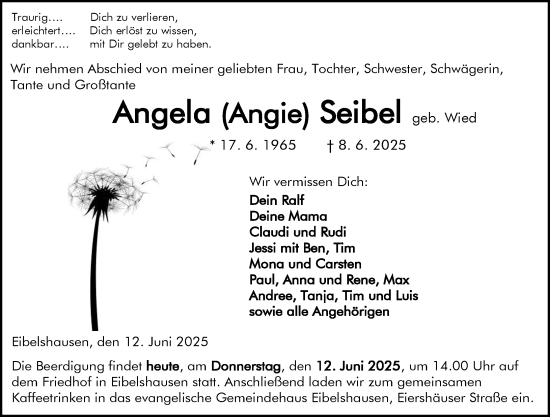 Traueranzeige von Angela Seibel von Dill Block