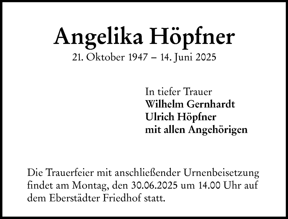  Traueranzeige für Angelika Höpfner vom 21.06.2025 aus Darmstädter Echo