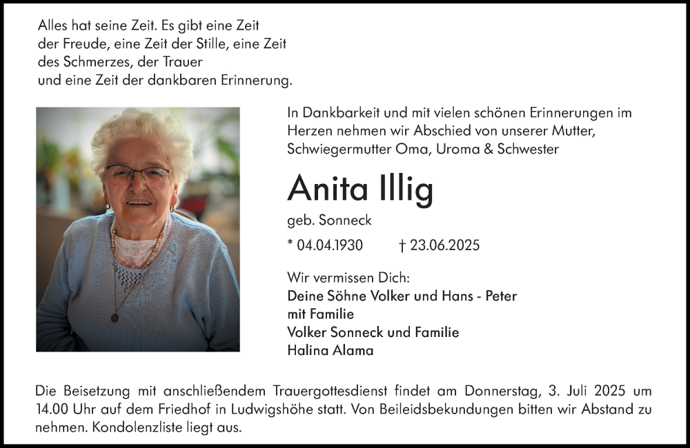  Traueranzeige für Anita Illig vom 28.06.2025 aus Allgemeine Zeitung Mainz