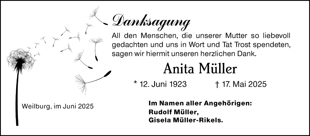  Traueranzeige für Anita Müller vom 21.06.2025 aus Weilburger Tageblatt