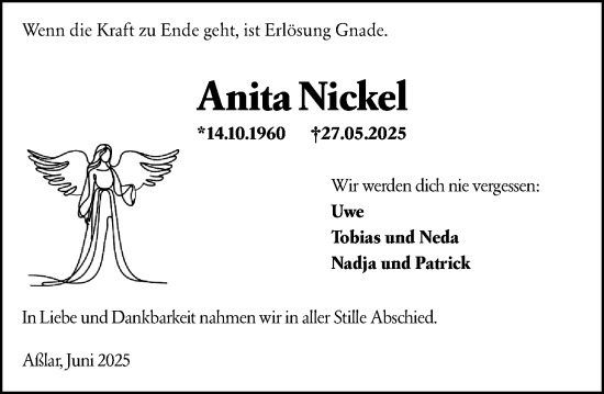 Traueranzeige von Anita Nickel von Wetzlarer Neue Zeitung