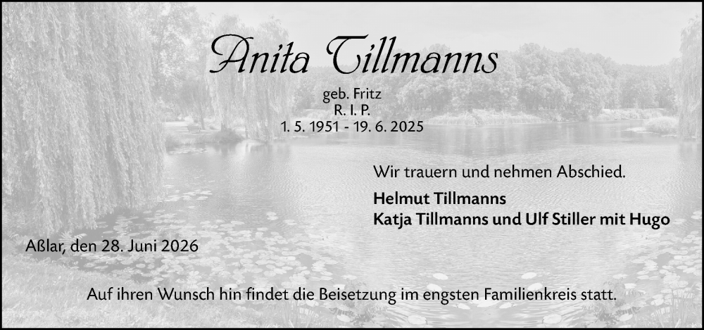  Traueranzeige für Anita Tillmanns vom 28.06.2025 aus Wetzlarer Neue Zeitung