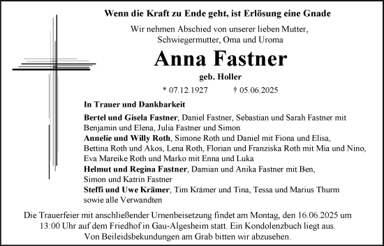 Traueranzeige von Anna Fastner von Allgemeine Zeitung Rheinhessen-Nahe