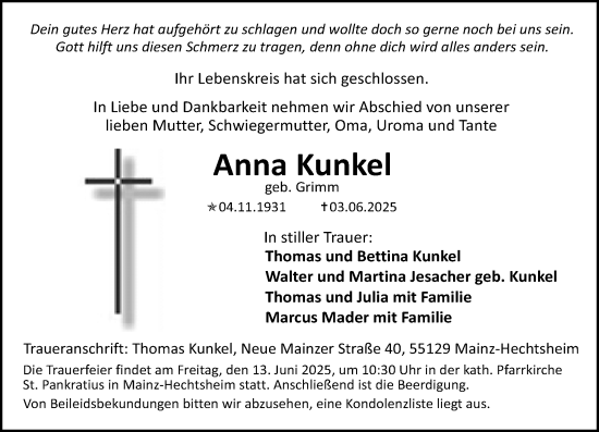 Traueranzeige von Anna Kunkel von Allgemeine Zeitung Mainz