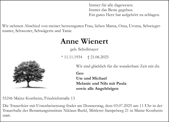 Traueranzeige von Anne Wienert von Allgemeine Zeitung Mainz
