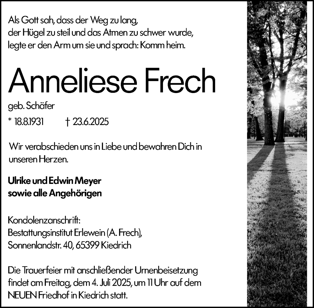  Traueranzeige für Anneliese Frech vom 28.06.2025 aus Rheingau Kurier