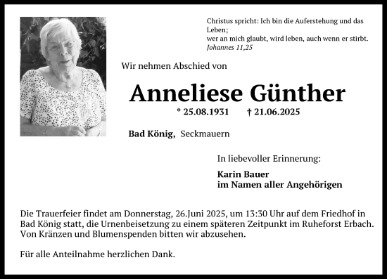 Traueranzeige von Anneliese Günther von Odenwälder Echo