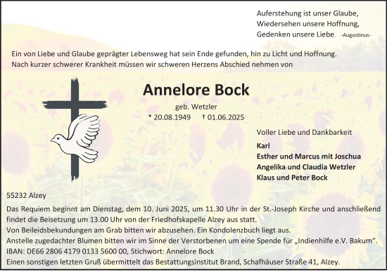 Traueranzeige von Annelore Bock von Allgemeine Zeitung Alzey