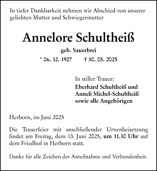 Traueranzeige von Annelore Schultheiß von Dill Block